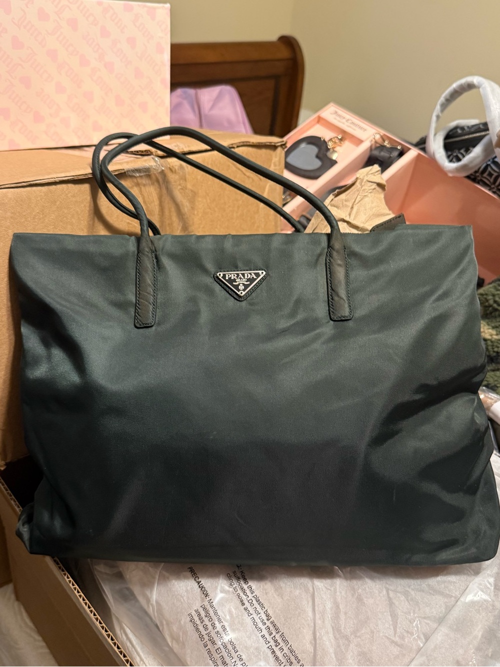 Prada Dark Green Nylon Tote with Triangle Logo